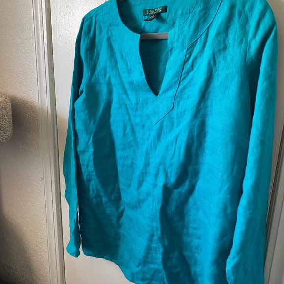 Lauren Ralph Lauren Womens Linen Top Teal Tunic Shirt Long Sleeve M - Picture 2 of 5